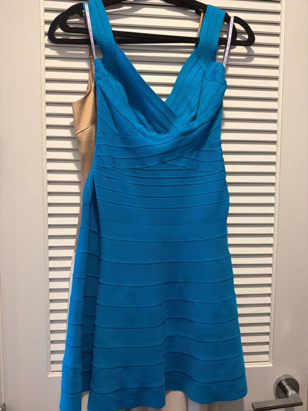 Herve Leger Turquoise Blue & Gold Bandage Mini Dress